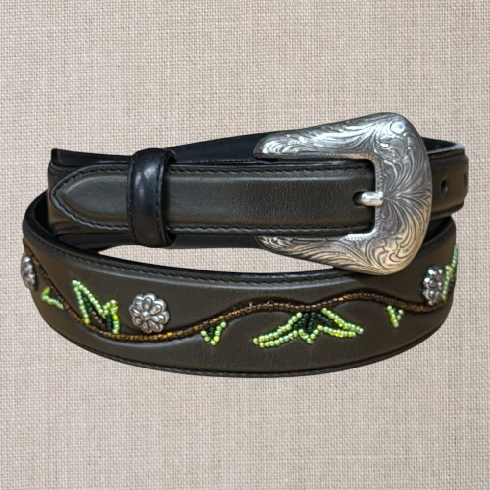 NWT Tony Lama Black Green Brown Beaded Black Tapered Womens Leather Belt Size 30